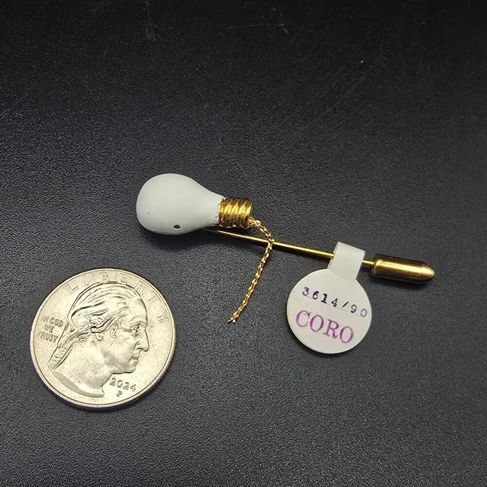 Coro Light Bulb Stick Pin Gold Tone White Enamel Vintage Jewelry